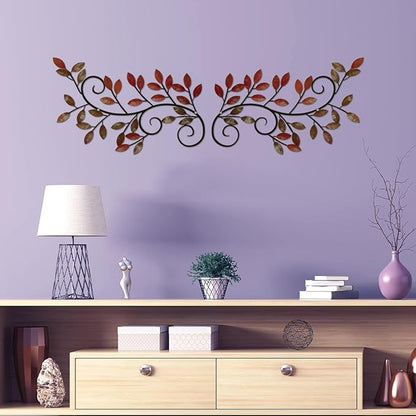 ESTART 2 Pieces Metal Tree Leaf Wall Decor Vine Olive Branch Leaf Wall Art Wrought Iron Scroll Wall Hanging for Above Door, Living Room, Office, Hallway, Indoor and Outdoor Decoration (Retro Red)