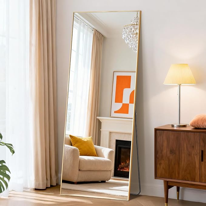 Sweetcrispy 58"x19" Full Length Mirror, Full Body Mirror with Aluminum Alloy Thin Frame, Leaning or Standing, Suitable for Bedroom, Livingroom, Cloakroom, Gold