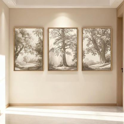 Vintage Tree Canvas Wall Art Framed Rustic Tree Landscape Sketch Antique Painting Neutral Forest Wall Decor 16x24 Inch Farmhouse Botanical Set of 3 for Living Room Bedroom