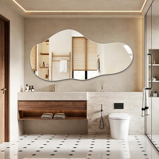 Niccy 48"×24" Frameless Cloud Full Length Mirrors, Long Wall-Mounted Mirror for Living Room, Large Full Body Mirror, Explosion-Proof Tall Hanging-Mirror for Bathroom Bedroom Entryway Decor