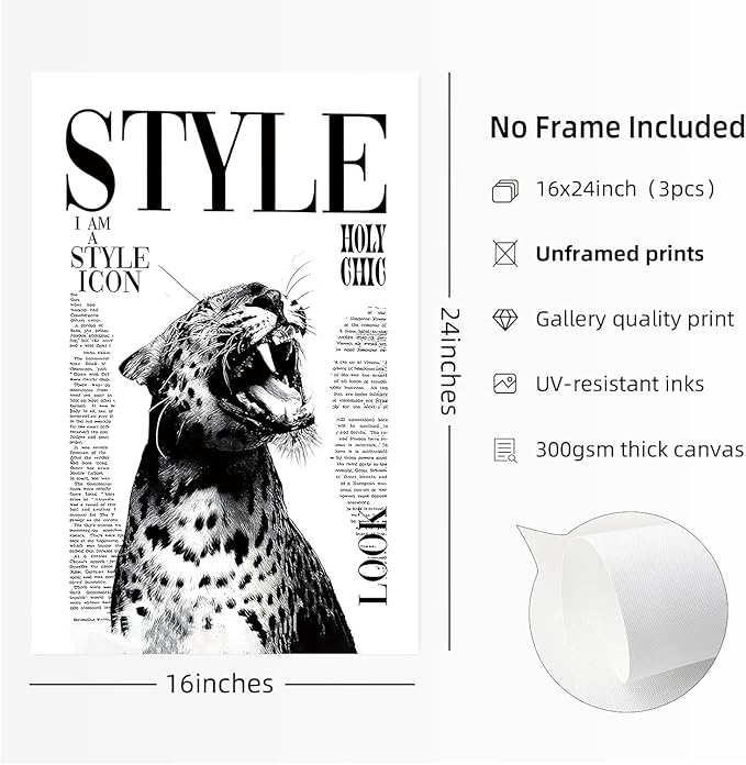 3Pcs Trendy Black and White Leopard Canvas Wall Art Vintage Newspeper Cheetah Wall Decor Fashion Girl Poster Heels Lips Picture Luxury Feminist Painting Print Poster Artwork for Apartment Dorm 24x16in Unframe