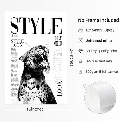 3Pcs Trendy Black and White Leopard Canvas Wall Art Vintage Newspeper Cheetah Wall Decor Fashion Girl Poster Heels Lips Picture Luxury Feminist Painting Print Poster Artwork for Apartment Dorm 24x16in Unframe