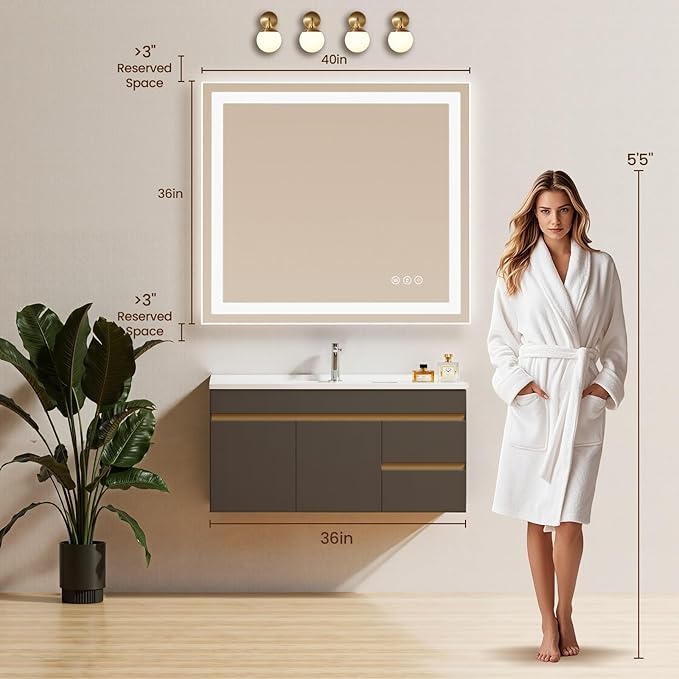 40X36 LED Bathroom Mirror with Lights, Anti-Fog, Backlit + Front Lit, Lighted Bathroom Vanity Mirror for Wall, Memory Function, Dimmable, Tempered Glass, Shatter-Proof