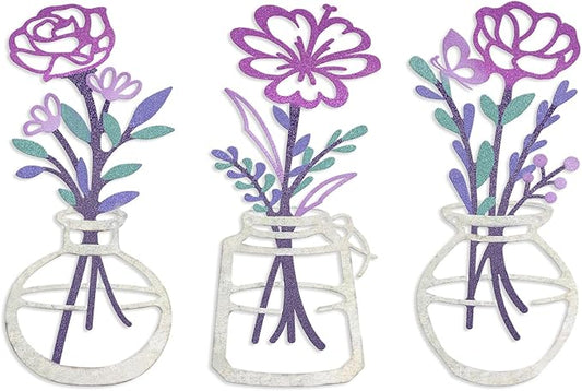 ARTINME 3 Pieces Metal Flowers Wall Arts - Rustic Farmhouse Decor Minimalist Flower Wall Decors for Living Room Bathroom Kitchen Bedroom Dining Room - Housewarming Gifts (Purple)