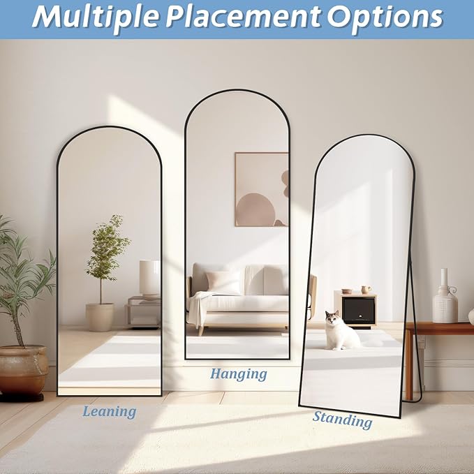 56"X18" Arched Full Length Mirror, Black Floor Mirror with Stand Hanging or Leaning Against Wall, Tempered Glass Full Body Mirror for Bedroom Living Room, Aluminum Alloy Frame
