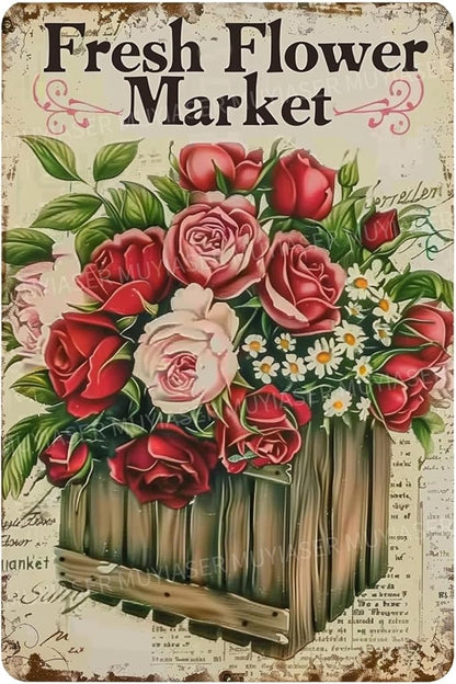 Metal Signs Fresh Flower Market Vintage Signs Retro Aluminum Tin Sign for Garden Home Bar Cafe Decor 8x12 Inch
