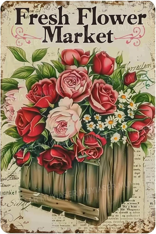 Metal Signs Fresh Flower Market Vintage Signs Retro Aluminum Tin Sign for Garden Home Bar Cafe Decor 8x12 Inch