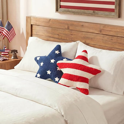 2 Pcs 4th of July Decorations 13x13" Star Throw Pillows, Rustic Patriotic Red White Blue Teddy Fleece Pillows with Star Embroidery & Flag Stripes, Americana Farmhouse Decor for July 4th Memorial Day
