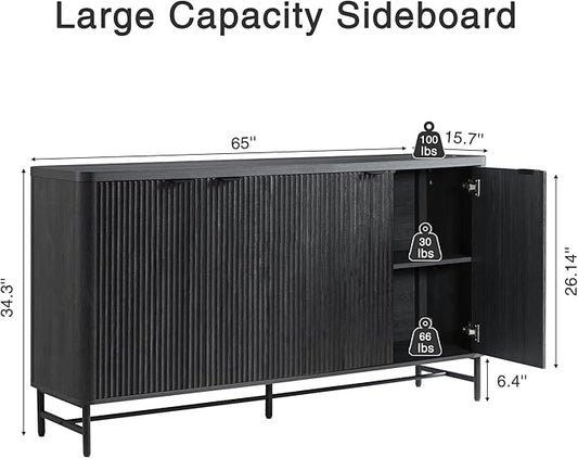 Fatmok 65" Buffet Cabinet with Storage, Fluted Credenza Sideboard with 4 Doors & Adjustable Shelves, Large Coffee Bar Console Table for Dining Room, Living Room, Entryway, Black Grey
