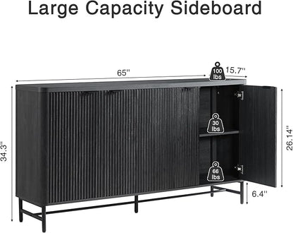 Fatmok 65" Large Sideboard Buffet Cabinet with Storage, Set of 2 Modern Fluted Credenza Accent Coffee Bar Console Tables with Doors & Adjustable Shelves for Living Room or Hallway, Black & Grey