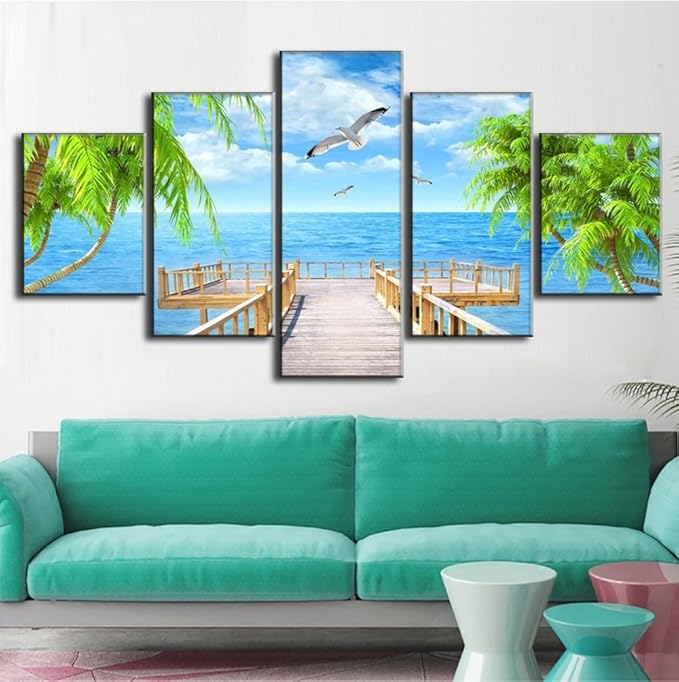 Seagulls Palm Tree Scene Landscape Picture Modern Painting on Canvas 5 Piece Framed Wall Art for Living Room Bedroom Kitchen Home Decor Stretched Gallery Canvas Wrap Giclee Print (60’’W x 32’’H)