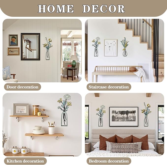 3-Piece Boho Wooden Vase Wall Art: Floral Decor for Modern Farmhouse Living Room, Bedroom & Bathroom