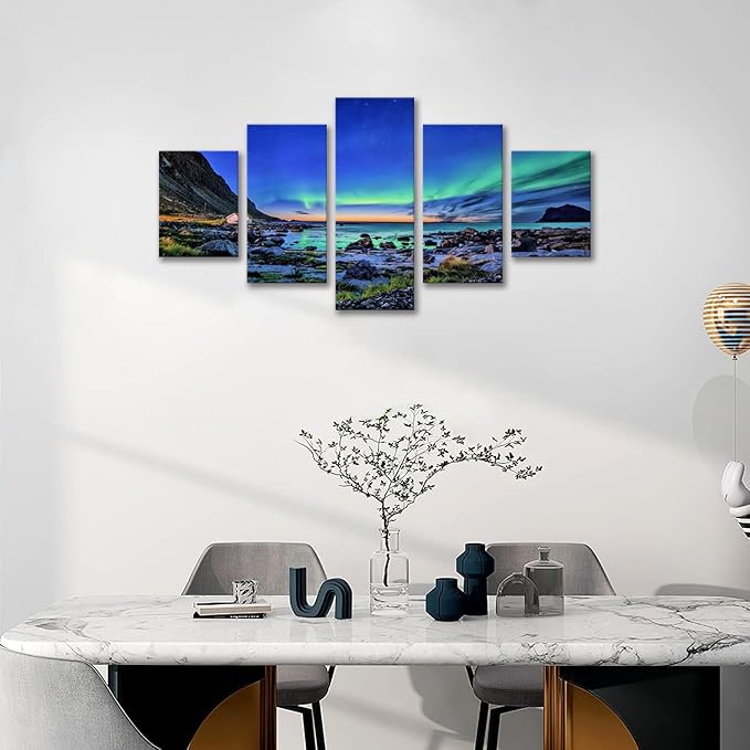 SKASNFAI Northern Lights Wall Art for Living Room Framed Landscape Picture Wall Decor Canvas Aurora Borealis Print Posters Scenery Framed Artwork for Bedroom 50X24