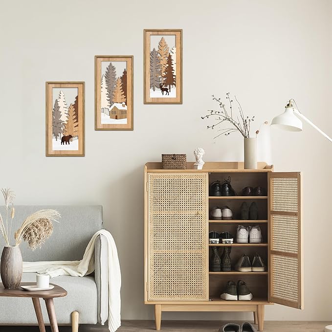 KAIRNE Winter Wooden Wall Art Set, 3pcs 8X16 Vintage Wood Wall Decor,Rustic Farmhouse Framed Wall Sculptures,Pine Deer Bear Wooden Hanging Decor for Living Room Bedroom Kitchen Office Decoration
