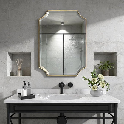 POZINO Rectangle Beveled Mirror, 24"x36" Brushed Gold Bathroom Vanity Mirror with Stainless Steel Frame, Aesthetic Wall Mirrors for Living Room Bedroom Hallway Entryway, Horizontal or Vertical Hanging