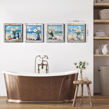 Coastal Wall Art Nautical Bathroom Decor Vintage Beach Theme Pictures Wall Art Vintage Beachy Paintings Canvas Prints Watercolor Flowers Posters Blue Seascape Framed Artwork Home Decorations 12x12”