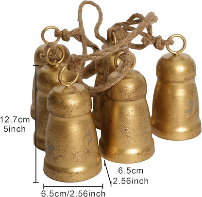 Vintage Gold Metal Cow Bell Garland, Set of 6 Handmade Hanging Bells with Jute Rope, Rustic Farmhouse Ranch-Style Distressed Bells for Porch Wreath Walls Mantels Patio Xmas Décor