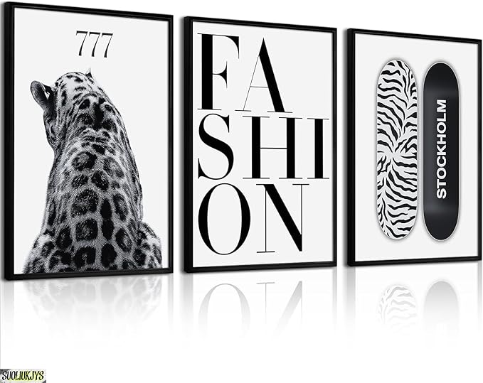 SUOLIUKJYS 3Pcs Trendy Leopard Wall Art Black White Cheetah Wall Decor Fashion Aesthetic Canvas Posters Preppy Stockholm Prints Stylish Cheetah Pictures Y2k Painting for Bedroom Unframed 12x16 Inch