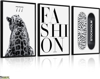 SUOLIUKJYS 3Pcs Trendy Leopard Wall Art Black White Cheetah Wall Decor Fashion Aesthetic Canvas Posters Preppy Stockholm Prints Stylish Cheetah Pictures Y2k Painting for Bedroom Unframed 12x16 Inch