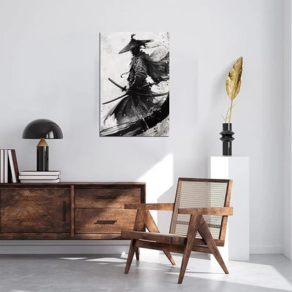 Black and White Warrior Wall Decor Japanese Samurai Wall Art Prints Vintage Japanese Cultural Samurai Pictures Canvas Painting Framed for Living Room Bathroom Bedroom Office (28''W x 44''H)
