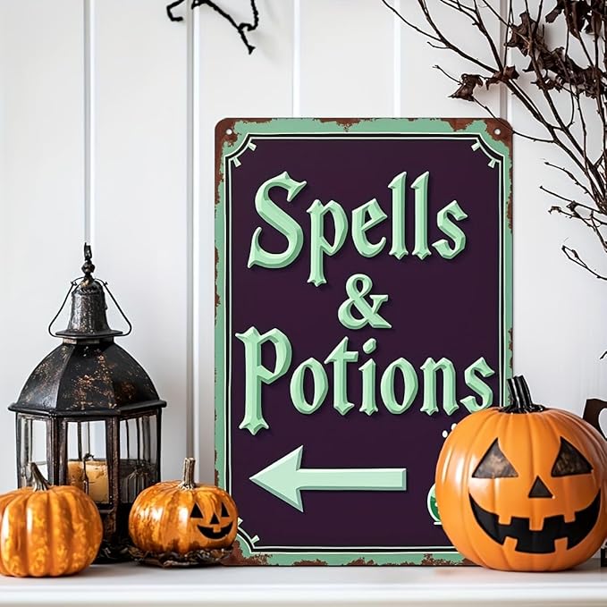 Spells & Potions Metal Tin Sign Vintage Halloween Decor Wall Hanging Wall Art Rustic Bathroom Kitchen Entryway Home Halloween Decorative Sign 8x12 Inch