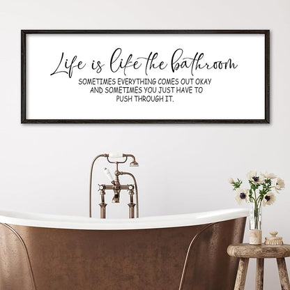 Life Is Like The Bathroom Sign Funny Motivational Quote Wall Decor 40"×15" Large Wood Framed for Bathroom Restroom Wall Hanging Art (Black)