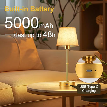 FRIDEKO HOME Rechargeable Table Lamp Gold - Cordless Battery Operated Lamp, Fabric Shade Desk Lamp, Wireless Lamp for Decor Bedroom Dining Table Counter (1pcs-Linen-Bulb Included-15.7in)