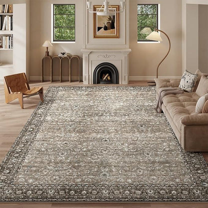 8x10 Area Rugs Grey and Brown Washable Rug for Living Room, Dining Room, Bedroom, Large Carpets, Non Slip & Non-Shedding Low Pile Vintage Print Rug for Home Office Decor