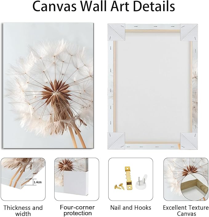 3 Pcs Beach Coastal Sunset Wall Art for Living Room, Modern Beige Dandelion Reeds Botanical Wall Pictures Aesthetic Nature Landscape Wall Painting Art Prints for Bedroom Office Home Decor 16"x24"x3Pcs