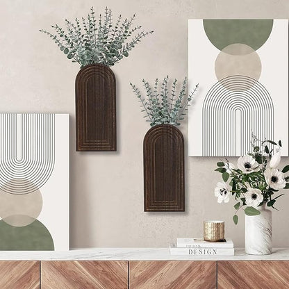 Dnnnii 2 Pack Wooden Wall Vase Set - Dark Brown Finish Modern Farmhouse & Boho Wall Decor for Entryway, Hallway, Bathroom, Living Room, Dining Room, Narrow Spaces