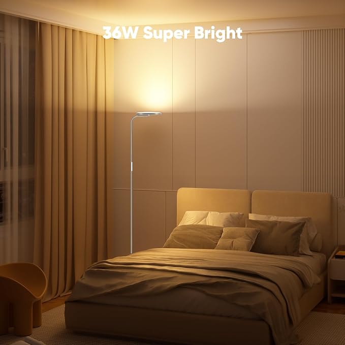 SIBRILLE 36W LED Floor Lamp, Super Bright Standing Lamp, Modern Stepless Dimmable Torchiere Tall Lamp with Remote Control, 350°Rotating Head Reading Floor Lamp for Living Room, Bedroom, Office
