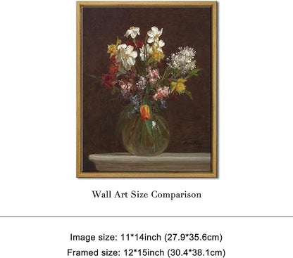 Pyradecor Framed Canvas Wall Art Vintage Decor Flowers in Vase Canvas Prints Classical Floral Painting Artwork Farmhouse Wall Decor for Living Room Decorations