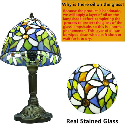 Tiffany Style Table Lamp, 3 Color Temperatures Bedside Lamp, 8 Inch Stained Glass Desk Light for Home Office Bedroom Living Room (White Petal Pattern)