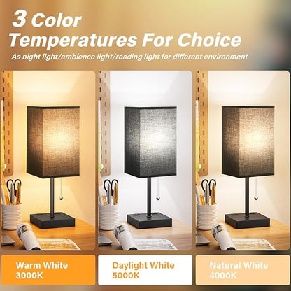 Black Medium Table Lamp with USB Ports - 3 Color Temperature Bedside Lamp for Bedroom, Pull Chain Control, USB A and C Ports, 2 AC Outlets, Bulb Included