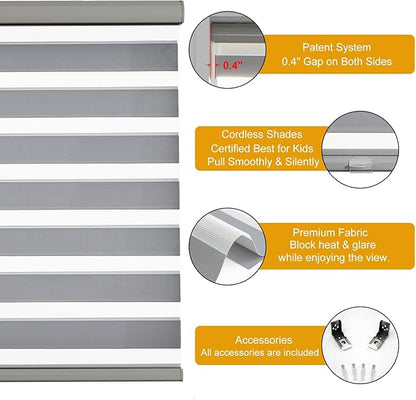 Persilux Cordless Zebra Blinds for Windows Shades (35.5" W x 64" H, Grey) Dual Layer Fabric Light Control for Day and Night Room Darkening Sheer Roller Shades for Home, Bedroom and Office