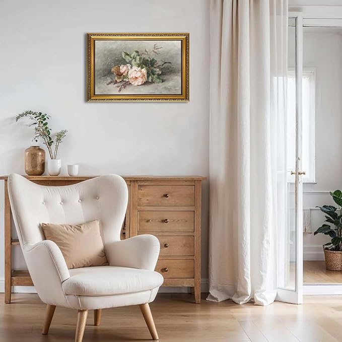 YD&YZY Gold Framed Vintage Wall Art Canvas Still Life Flower Pink Roses Farmhouse Print Art Retro Floral Wall Decor Rustic Cottagecor Painting Picture Print for Dining Room Bedroom 16x24 inch Framed