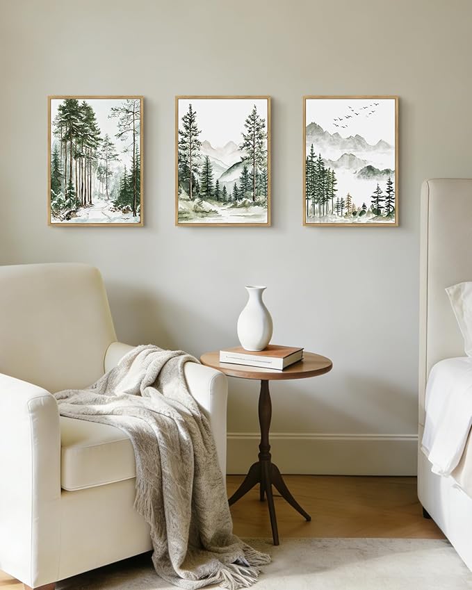 Drsoum Green Tree Forest Mountain Framed Wall Art Nature Landscape Prints Morden Wilderness Artwork Hallway Bedroom Ready to Hang 11x14in Natural Framed