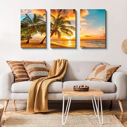 Golden Seascape Ocean Beach Wall Art Cozy Sea Artwork Modern Ocean Sunset Sea Beach Canvas Prints Pictures Paintings on Canvas Wall Art for Home Decor 5 Panels Gallery Wrapped Tropical Scenery