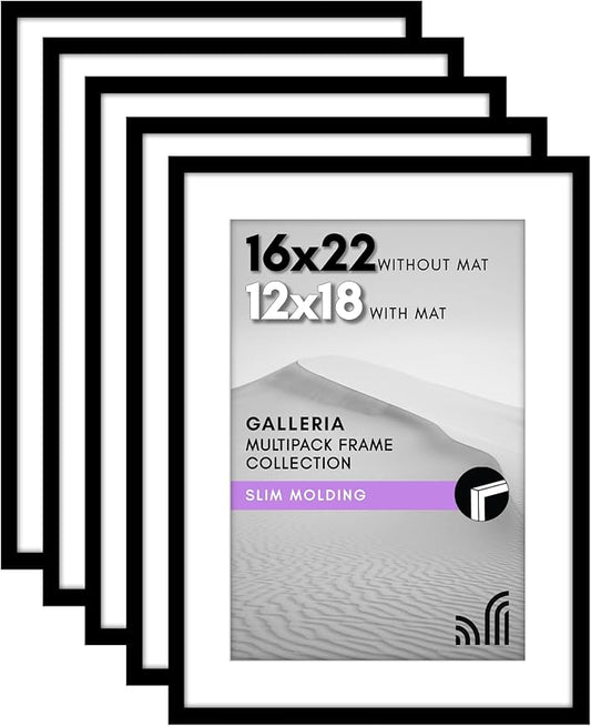 Americanflat 16x22 Picture Frame with Polished Plexiglass - Set of 5 - Use as 12x18 Frame with Mat or Display 16x22 Photo Without Mat - Galleria Collection - Picture Frames for Wall Display - Black