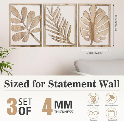 3PCS Wall Art Decor Leaf Sign Walls Vintage Tropical Plant Wall Rustic Palm Leaf, Wood Decorative Board, Rustic Wall Panel for Living Room/Bedroom, Solid Wood Backdrop for Shelves & Home Decoration(Khaki，Style2)