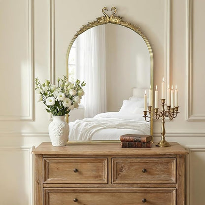 Gold Baroque Vintage Mirror for Vanity 24x35.5Inch Gold Antique with Ornate Frame, Arched Vintage Wall for Bathroom, Living Room, Fireplace, Entryway (Golden (Arched 5), 36"L x 24"W（Vertical ）)