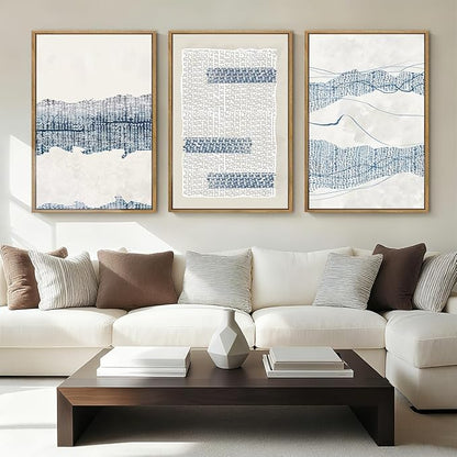 IARTTOP Large Blue Coastal Framed Wall Art 16x24 Inch White Abstract Boho Art Prints Minimalist Modern Artworks for Living Room Bedroom Dining room Set of 3