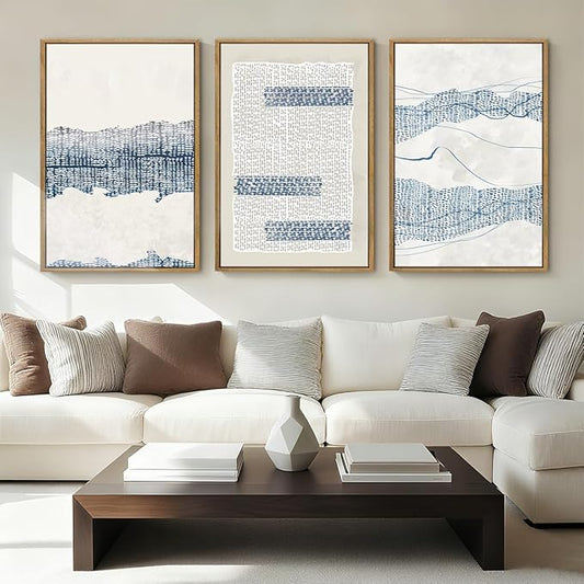 IARTTOP Large Blue Coastal Framed Wall Art 16x24 Inch White Abstract Boho Art Prints Minimalist Modern Artworks for Living Room Bedroom Dining room Set of 3