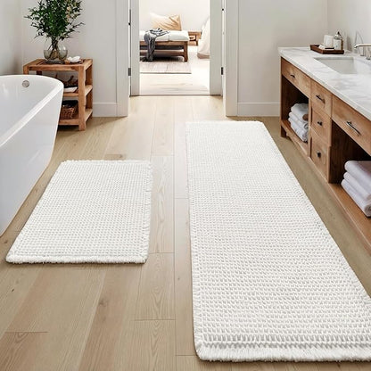 MIULEE Set of 2 Waffle Bathroom Rugs, Boho Bath Rugs Non Slip Washable, Super Absorbent Bath Mats, Ultra Soft Rubber Backed Shower Mats for Bathroom Floor, Tub, White, 17"x24"+20"x47"