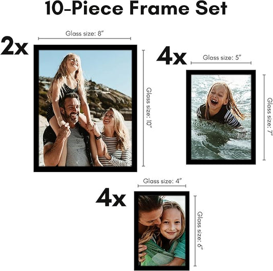 Americanflat Set of 10 Picture Frames with Shatter-Resistant Glass - Gallery Wall Frame Set with Two 8x10, Four 5x7 and Four 4x6 Frames - Streamline Collection - Black