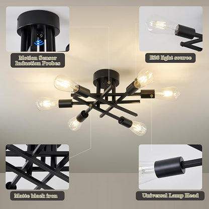 Semi Flush Mount Motion Sensor Ceiling Light Fixture，6 Lights Black Vintage Matte Sputnik Chandelier Ceiling Lamp with E26 Bulb Base for Farmhouse Dining Room Living Room Bedroom Study Kitchen