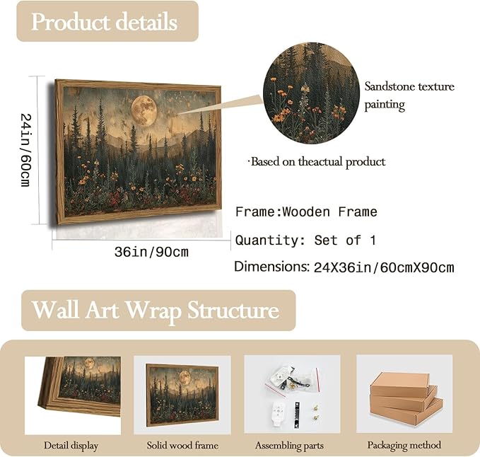Vintage Nature Forest Wall Art Dark Moon Landscape Painting Wall Decor Woodland Picture Artwork 3D Textured Hand Drawn Sandstone for Farmhouse Bedroom Living Room 24x36 inch Wood Framed