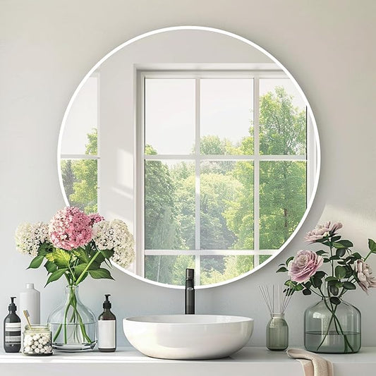 Circle White Mirrors, Round Mirror 22 inch, Circle Wall Mirror Metal Frame, Round Wall Mounted Mirrors for Bathroom, Living Room, Bedroom, Rustic, Vanity, Entryway