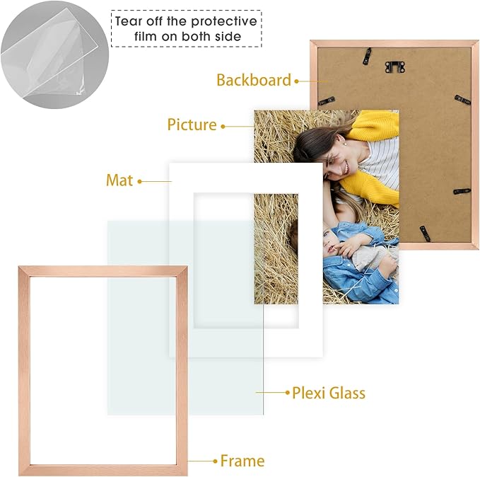 Golden State Art, 11x14 Picture Frame Set of 3 - Matted to 8x10 Photo - Engineered Wood Gallery Frame Set - Wall Mounting (Rose Gold,3 Pack)