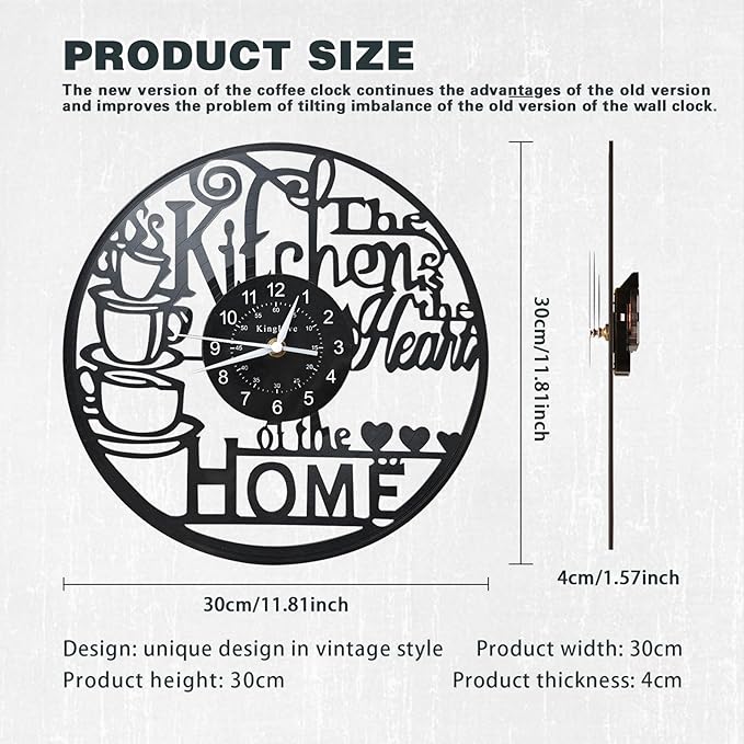 KingLive 12 Inch Kitchen Clocks Vinyl Record Clock, Creative Kitchen Home Decor, Coffee Wall Decor Theme for Restaurant Café, Gift for Women Wives(Black Coffee Cup)